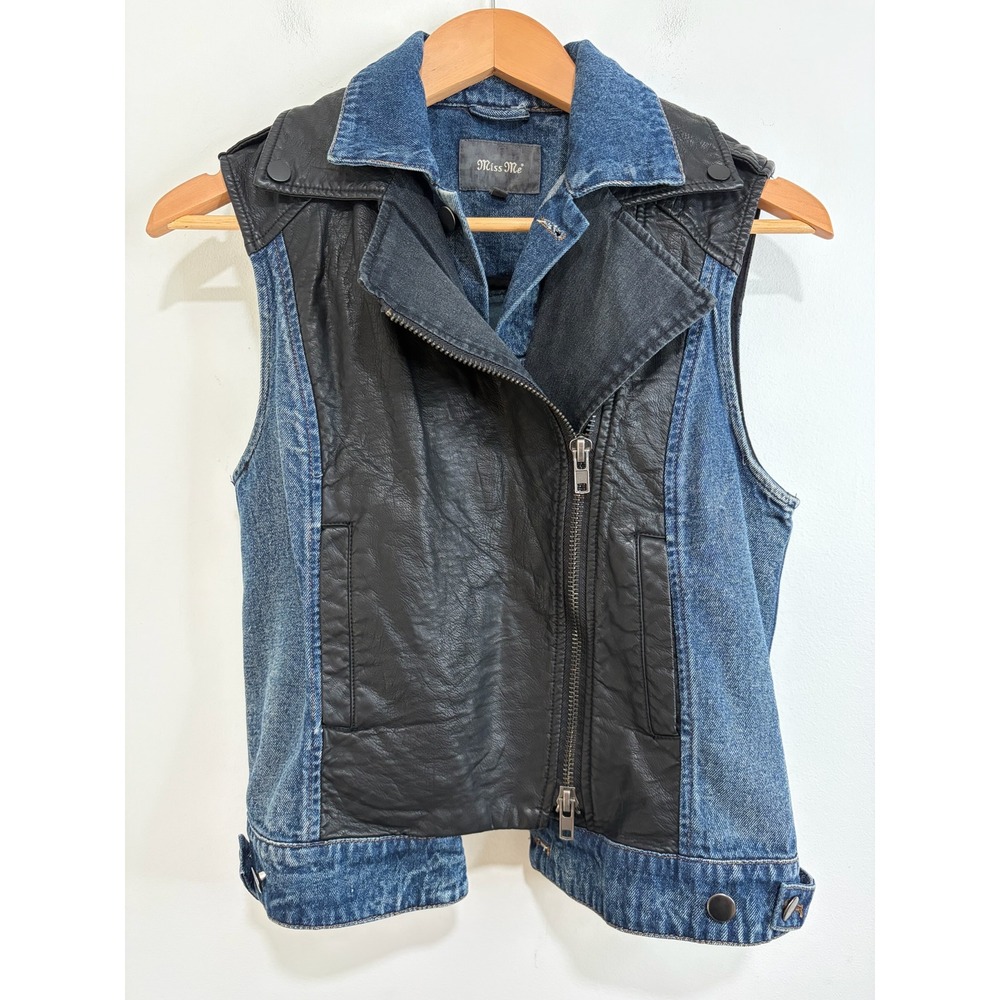Miss Me Womens Moto Vest Blue Denim Faux Leather Asymmetry Sz M Biker Grunge Y2K